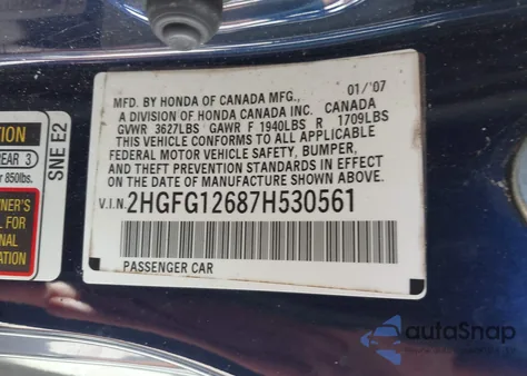 2007 Honda Civic Lx из США, поврежденный, VIN 2HGFG12687H530561